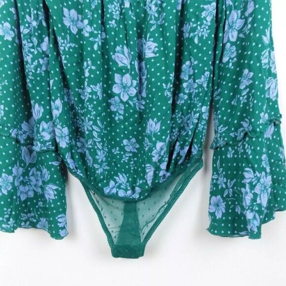 Free People Bodysuit Green Floral Print One on One Date Size S Boho Ruffles - Picture 4 of 4